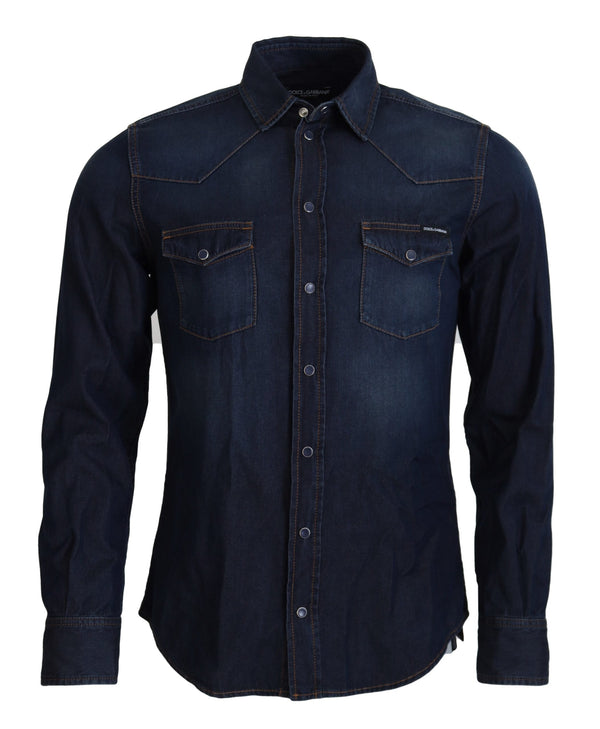 Blue Denim Cotton Slim Fit Jeans Shirt