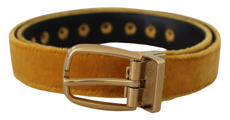 Mustard Velvet Gold Logo Engraved Metal Buckle Belt