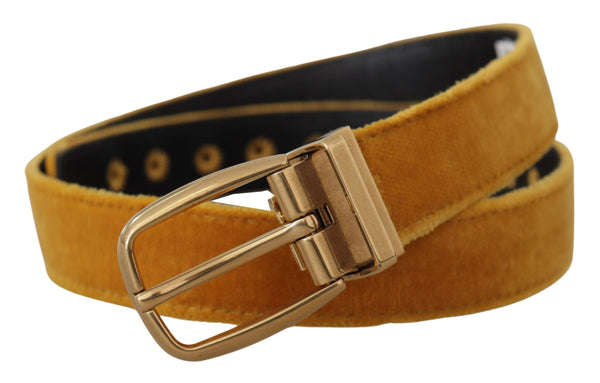 Mustard Velvet Gold Logo Engraved Metal Buckle Belt