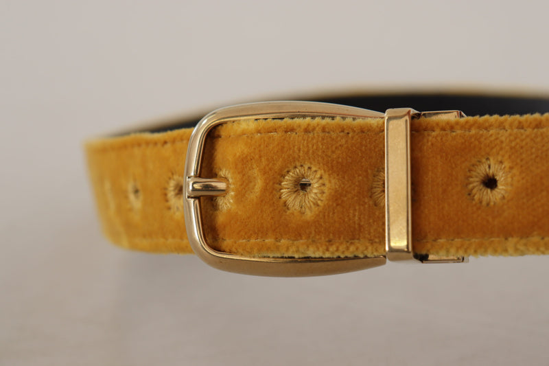 Mustard Velvet Gold Logo Engraved Metal Buckle Belt