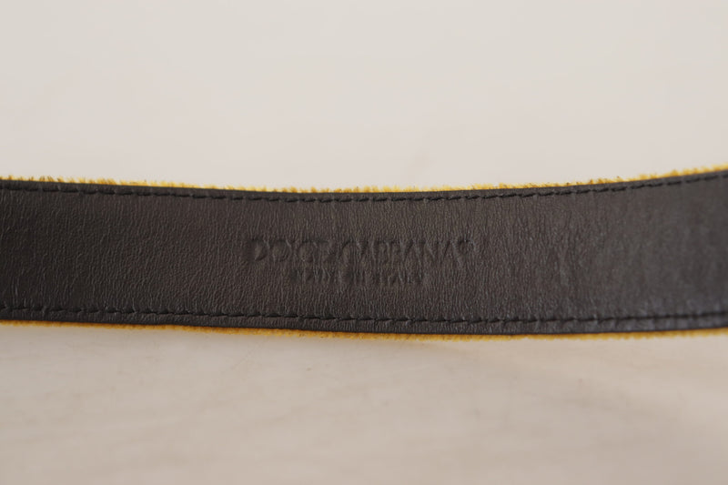 Mustard Velvet Gold Logo Engraved Metal Buckle Belt