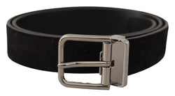 Black Vitello Leather Silver Tone Logo Belt