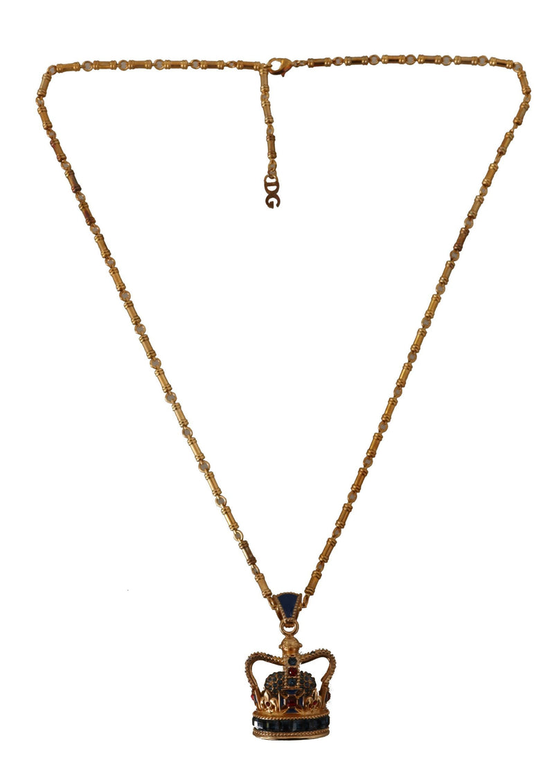 Gold Brass Crystal Royal Crown Pendant Mens Necklace