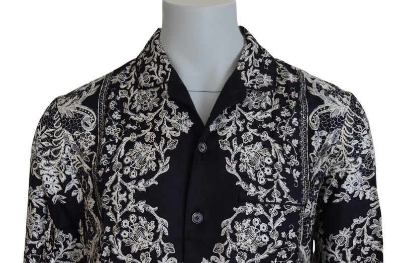 Blue Silk Floral Baroque Satin Casual Shirt