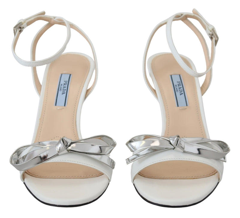 Silver White Leather Sandals Ankle Strap Heels Shoes