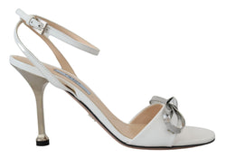 Silver White Leather Sandals Ankle Strap Heels Shoes