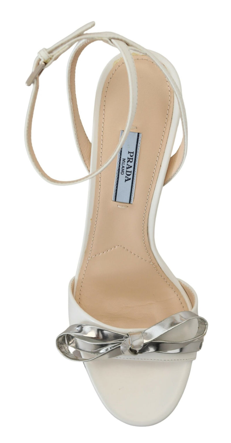 Silver White Leather Sandals Ankle Strap Heels Shoes