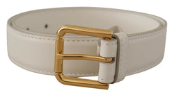 White Calf Leather Gold Tone Logo Metal Buckle Belt