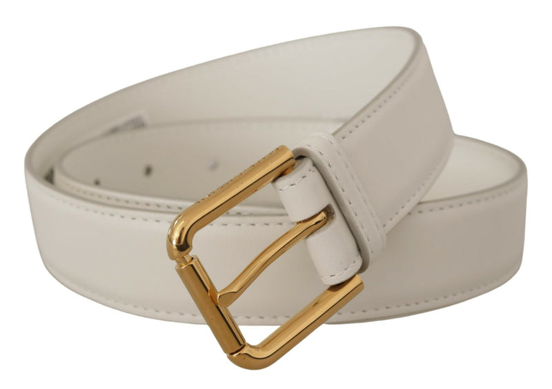 White Calf Leather Gold Tone Logo Metal Buckle Belt