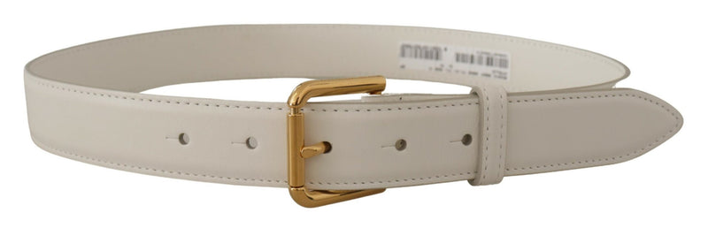 White Calf Leather Gold Tone Logo Metal Buckle Belt