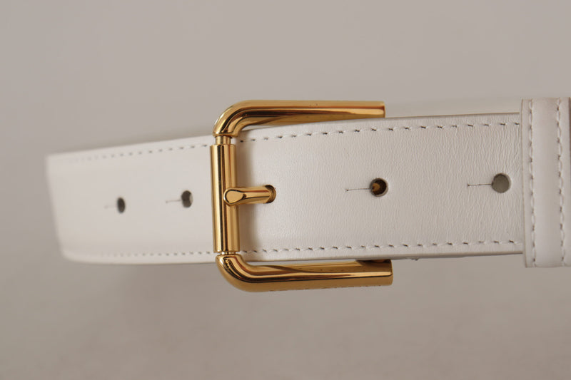 White Calf Leather Gold Tone Logo Metal Buckle Belt