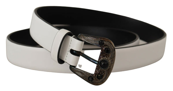 White Leather Crystal Metal Buckle Belt