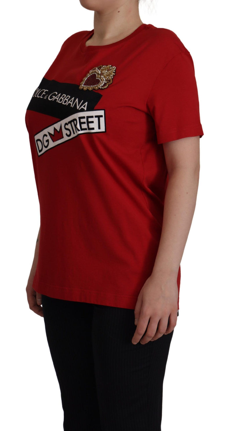 Cotton Red Embellished Round Neck Top T-shirt