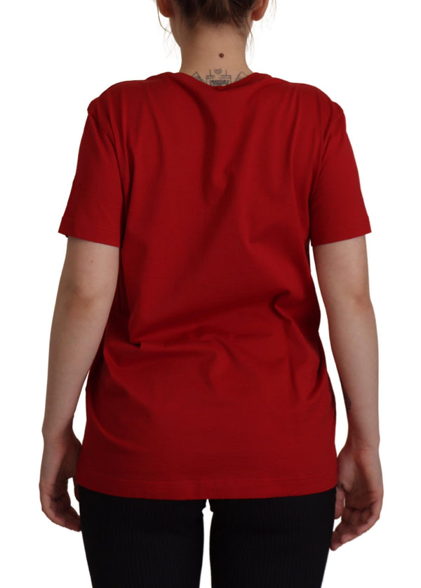 Cotton Red Embellished Round Neck Top T-shirt