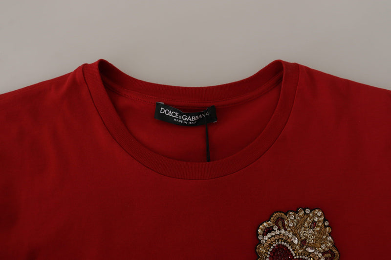 Cotton Red Embellished Round Neck Top T-shirt