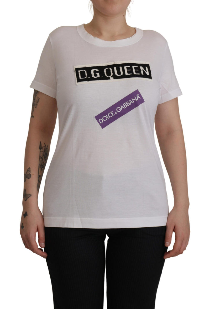 White DG Queen Patch Round Neck Cotton T-shirt