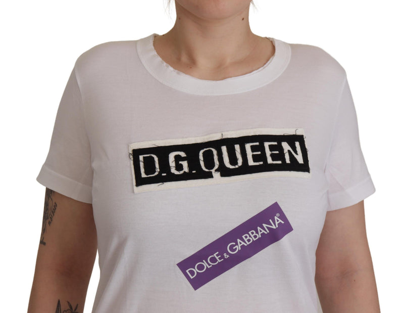 White DG Queen Patch Round Neck Cotton T-shirt