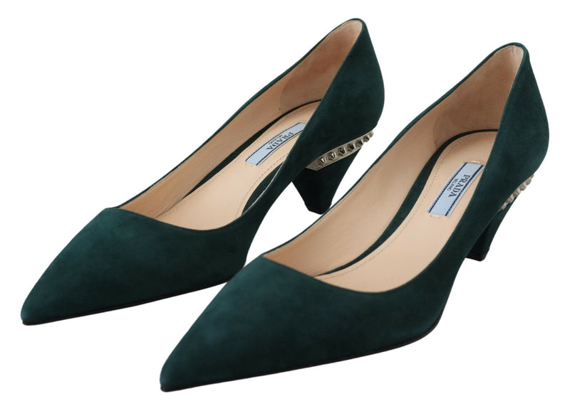 Green Suede Leather Cone Heels Pumps Shoes