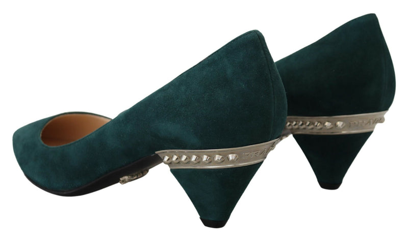 Green Suede Leather Cone Heels Pumps Shoes