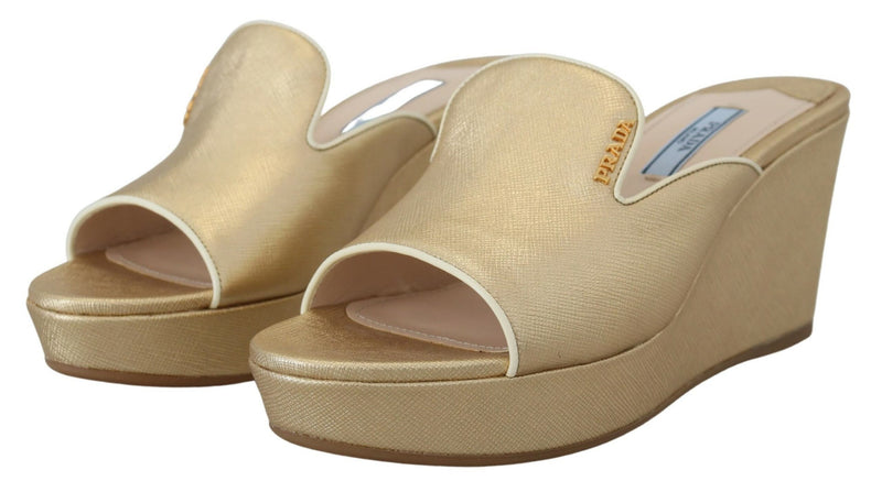 Gold Wedges Sandals Slip On Leather Shoes