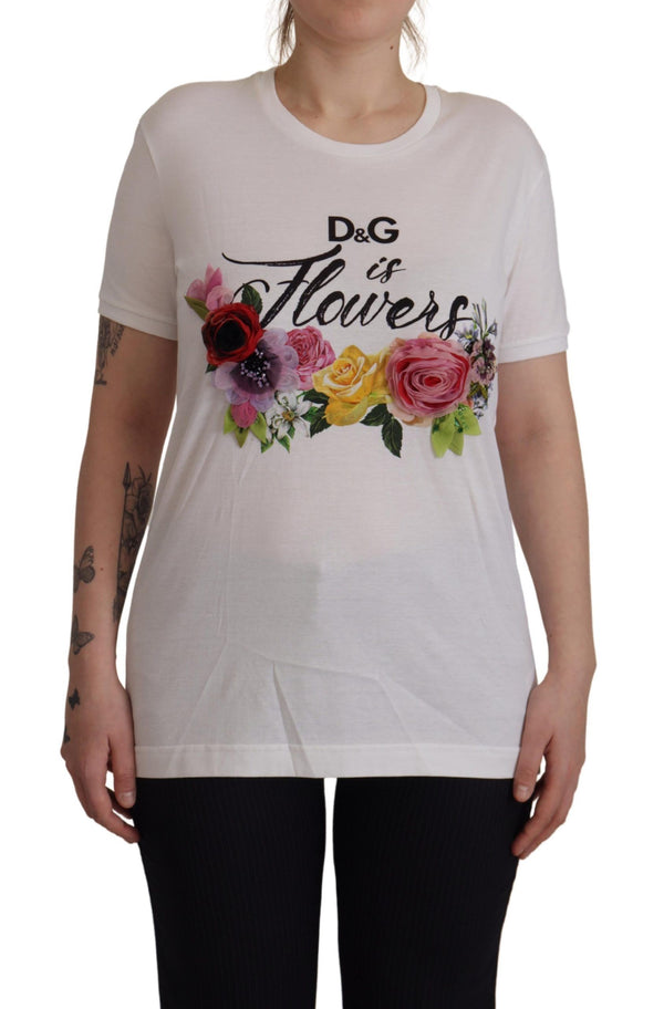 White DG Is Flowers Printed Round Neck T-shirt