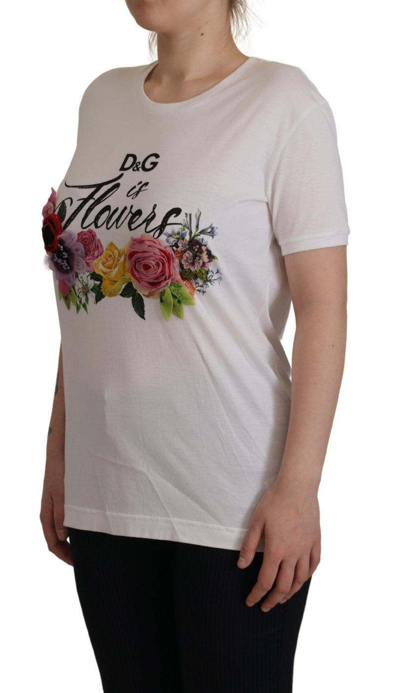 White DG Is Flowers Printed Round Neck T-shirt