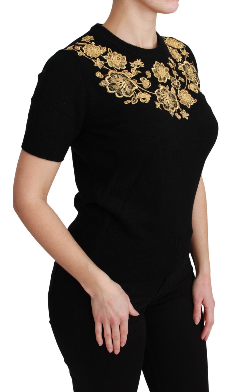 Black Cashmere Gold Floral Sweater Top