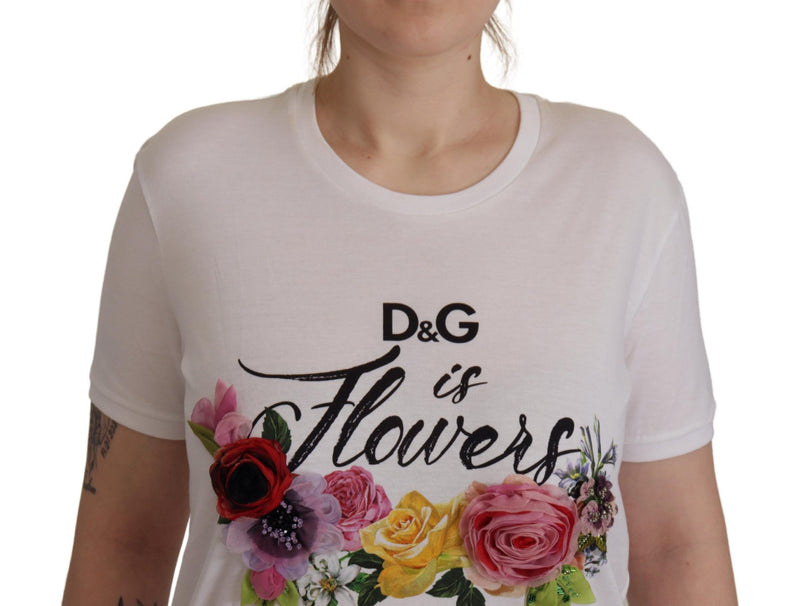 White DG Is Flowers Printed Round Neck T-shirt