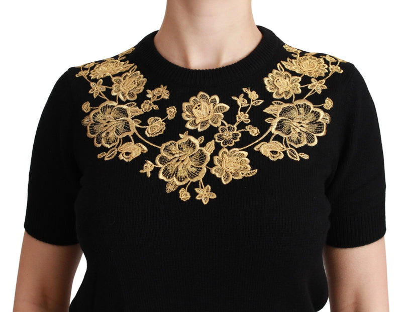 Black Cashmere Gold Floral Sweater Top