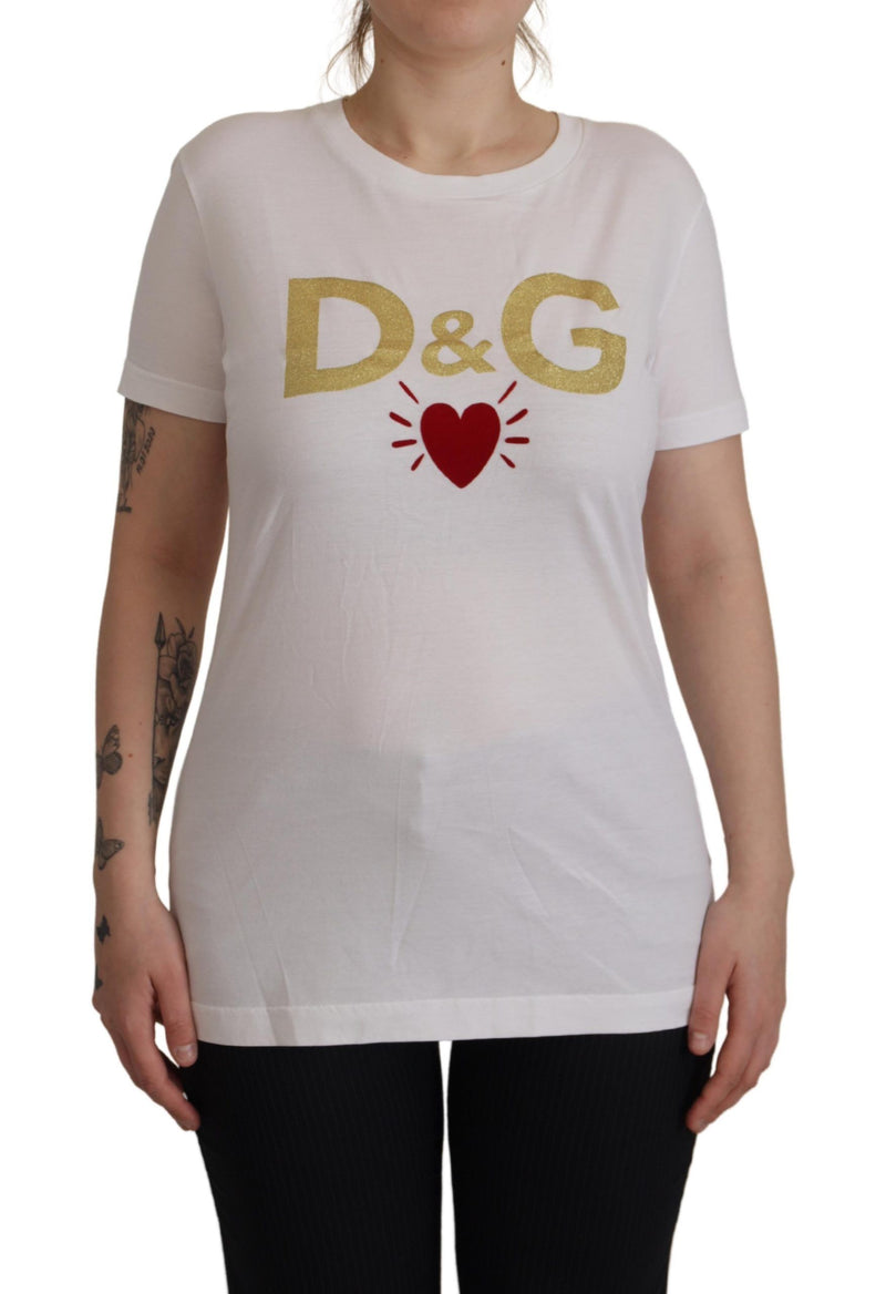 White Cotton DG Heart Printed Round Neck