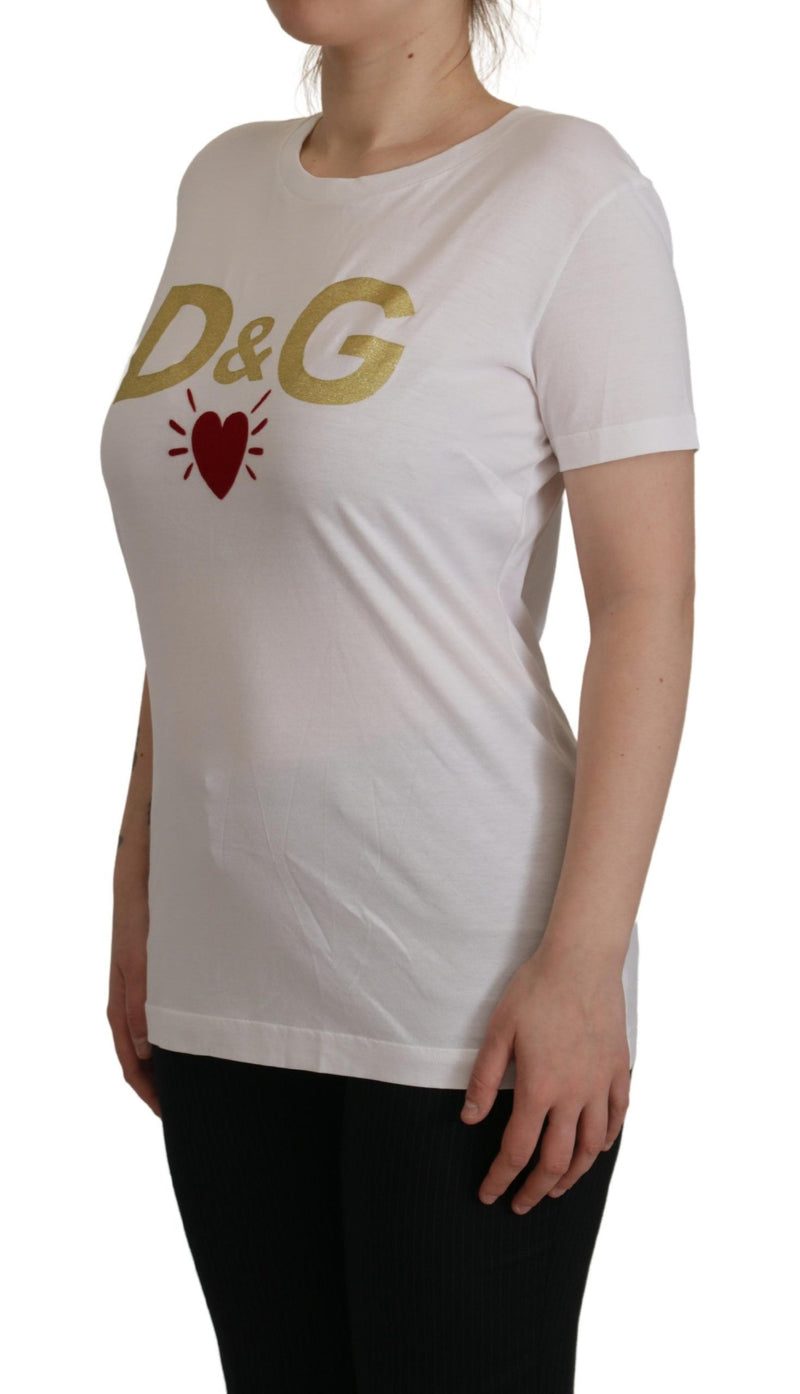 White Cotton DG Heart Printed Round Neck