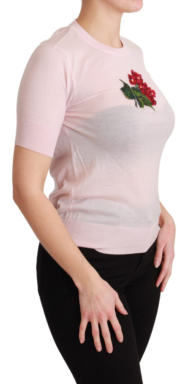 Pink Floral Embroidered Blouse Cashmere Top