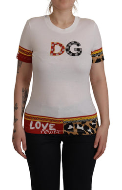 White DG Patchwork Round Neck Cotton  T-shirt