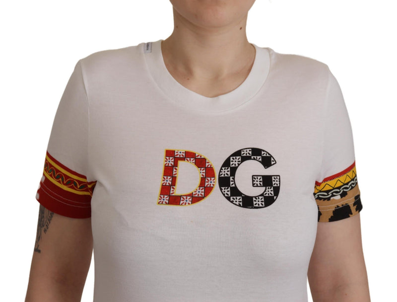 White DG Patchwork Round Neck Cotton  T-shirt