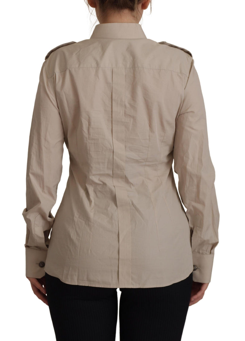 Beige Poplin Safari Fitted Pocket Collared Shirt