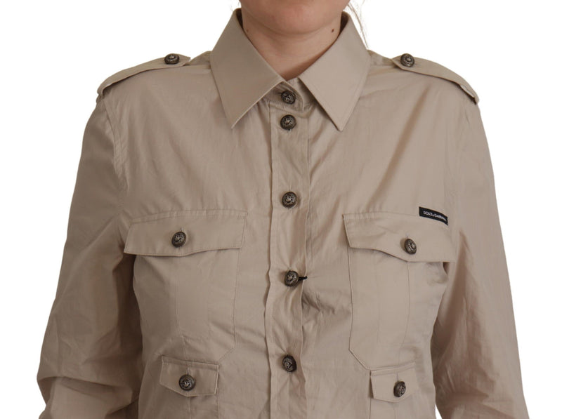 Beige Poplin Safari Fitted Pocket Collared Shirt