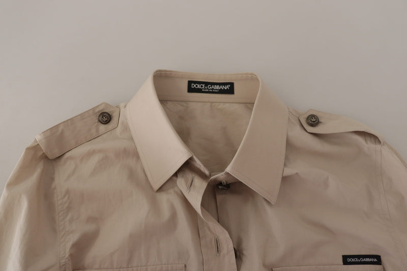 Beige Poplin Safari Fitted Pocket Collared Shirt