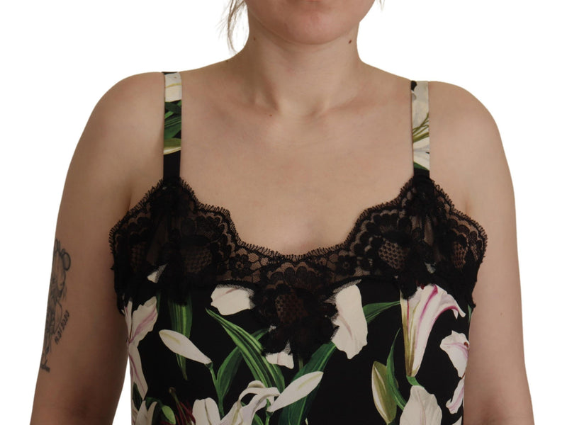 Black Floral Print Lace Silk Camisole Lingerie Top