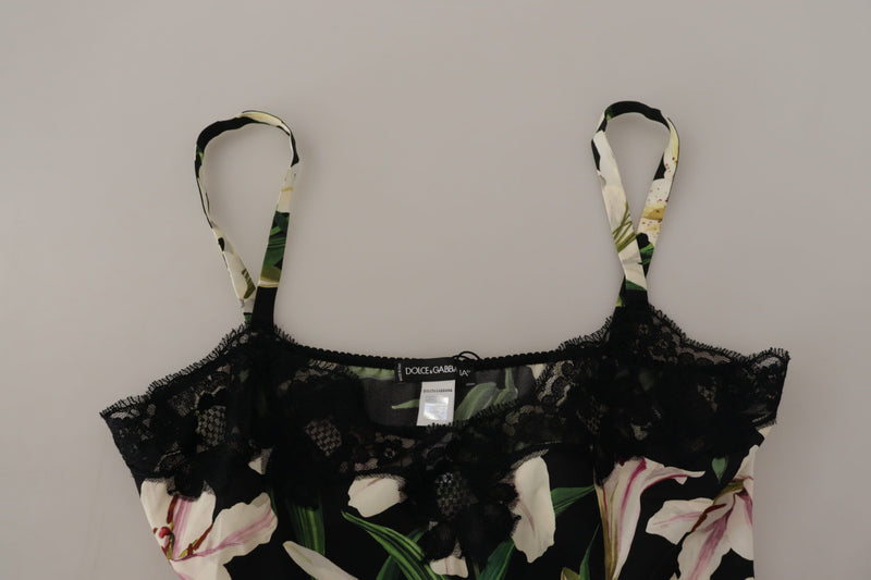 Black Floral Print Lace Silk Camisole Lingerie Top