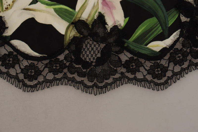 Black Floral Print Lace Silk Camisole Lingerie Top