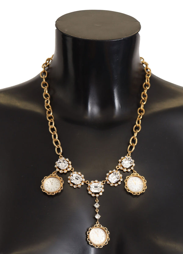 Crystal Clock Statement Gold Brass Chain Necklace