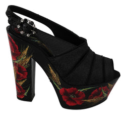 Black Floral Crystal Ankle Strap Sandals