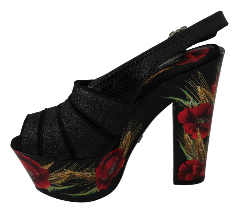 Black Floral Crystal Ankle Strap Sandals