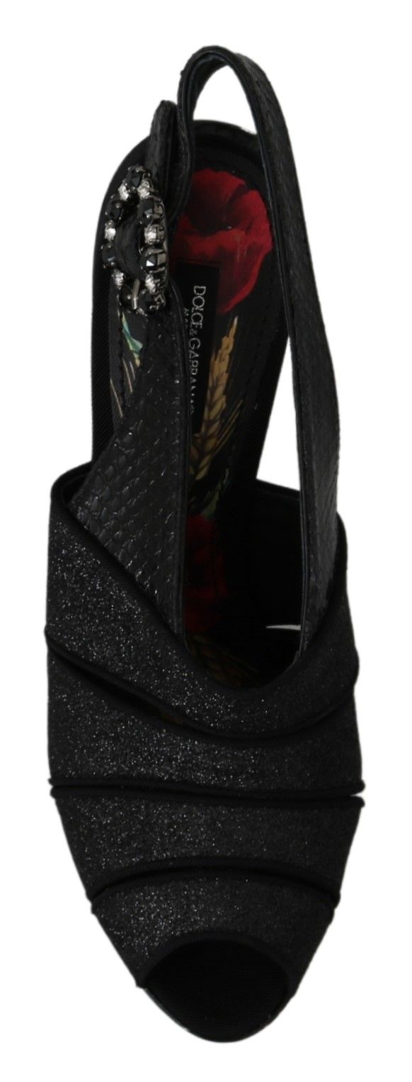 Black Floral Crystal Ankle Strap Sandals