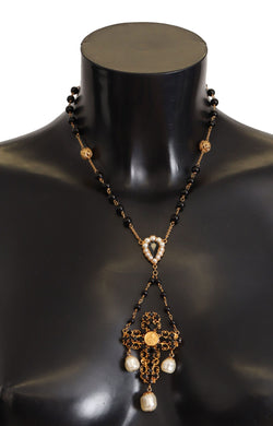 Gold Tone Brass Cross Chain Black Crystal Beaded Necklace