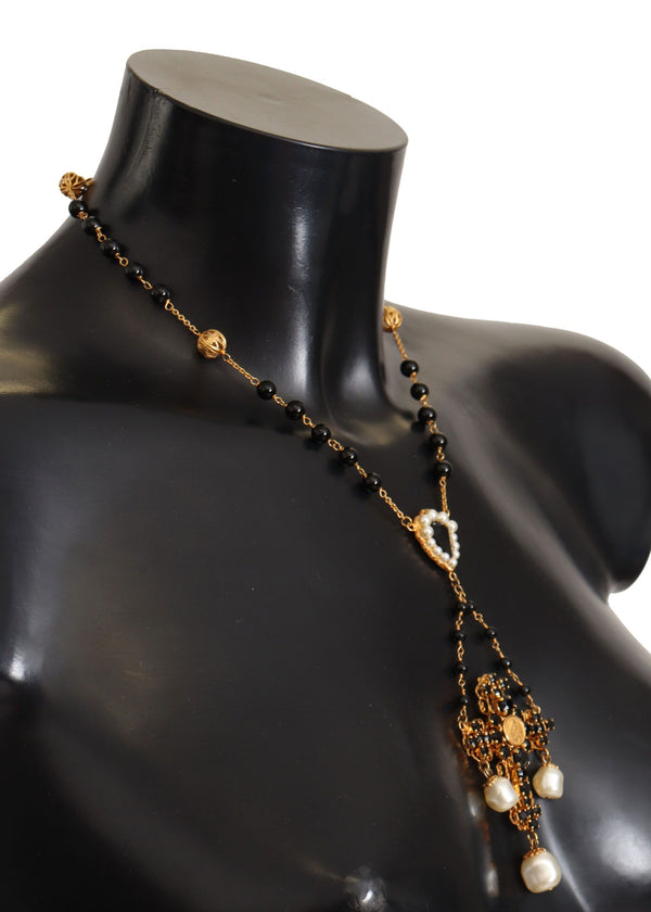 Gold Tone Brass Cross Chain Black Crystal Beaded Necklace