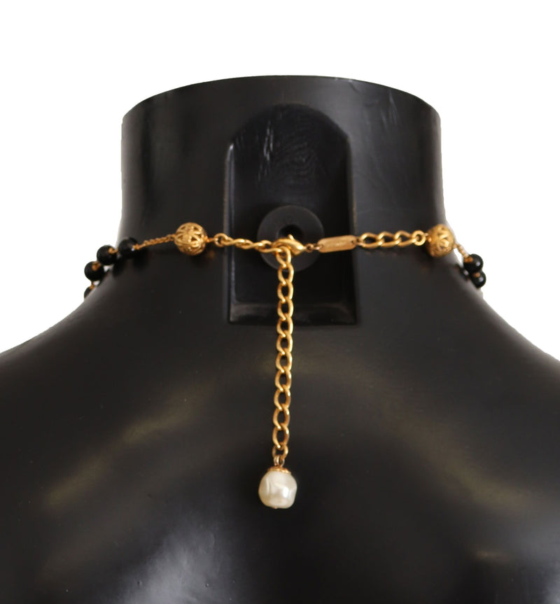 Gold Tone Brass Cross Chain Black Crystal Beaded Necklace