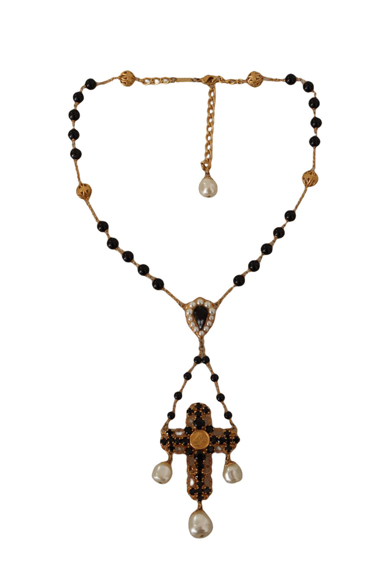 Gold Tone Brass Cross Chain Black Crystal Beaded Necklace