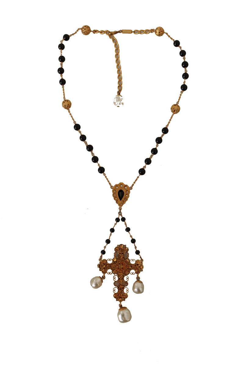 Gold Tone Brass Cross Chain Black Crystal Beaded Necklace