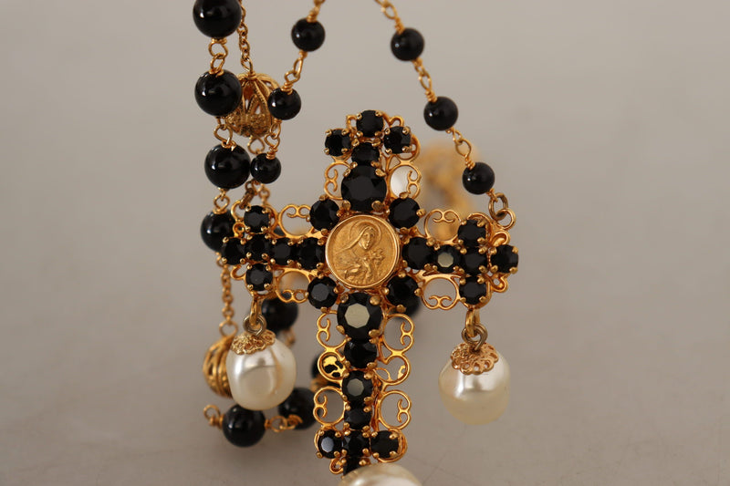 Gold Tone Brass Cross Chain Black Crystal Beaded Necklace